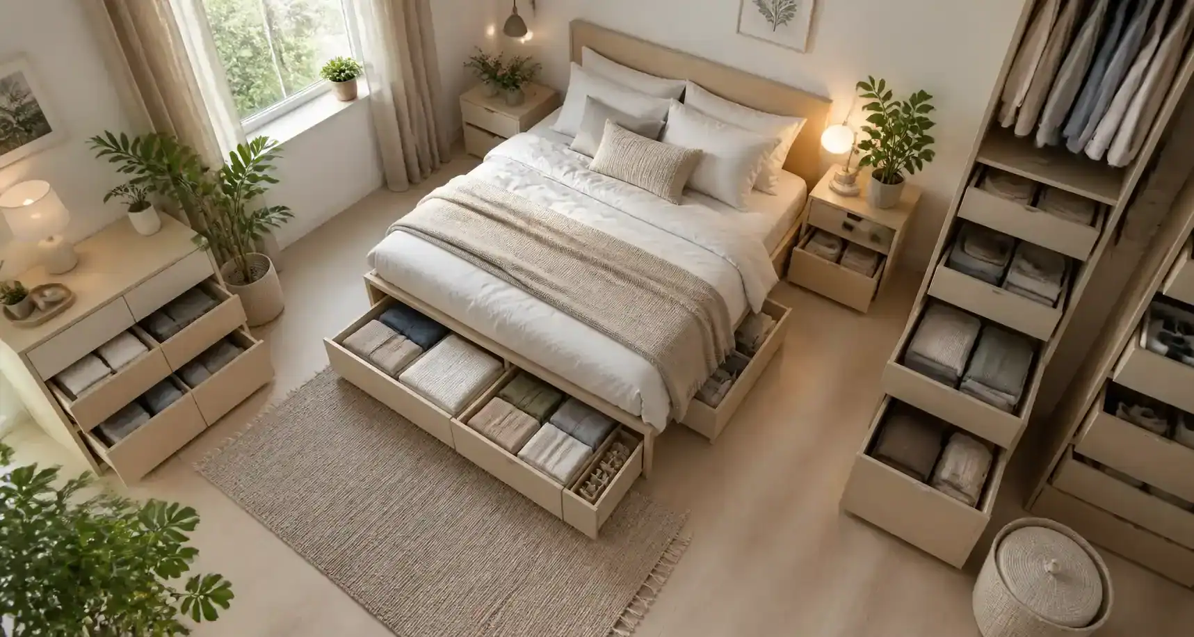 Chambre scandinave aux rangements ordonnés
