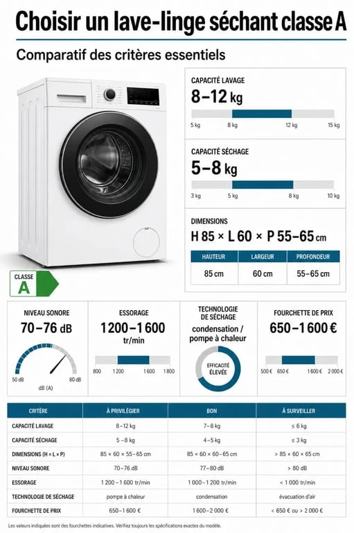 Lave linge séchant classe A : comparatif visuel des critères essentiels pour choisir le bon modèle