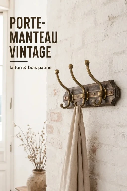 Porte manteau mural vintage en laiton et bois patiné dans une entrée décorée