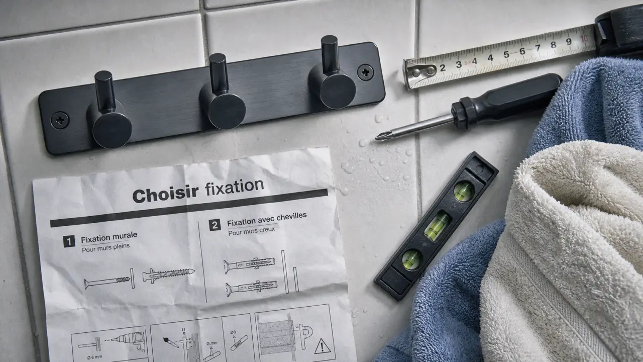 Porte manteau pour salle de bain noir, fixation murale sur carrelage