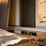 Poser une porte de placard coulissante : rails et aplomb en cours de pose
