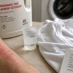 Allergie lessive : irritation de peau et résidus sur linge blanc