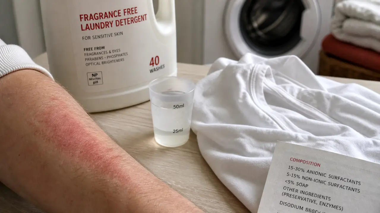 Allergie lessive : irritation de peau et résidus sur linge blanc