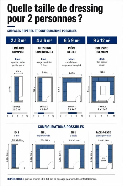 Taille dressing 2 personnes : repères de surface et configurations en I, L, U et face-à-face