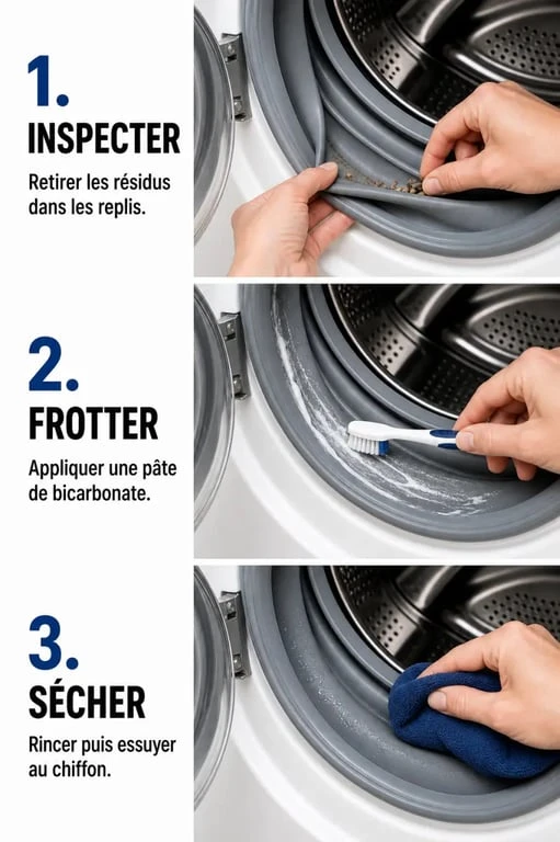 Nettoyer le joint de la machine à laver en trois étapes : inspection, frottage au bicarbonate et séchage