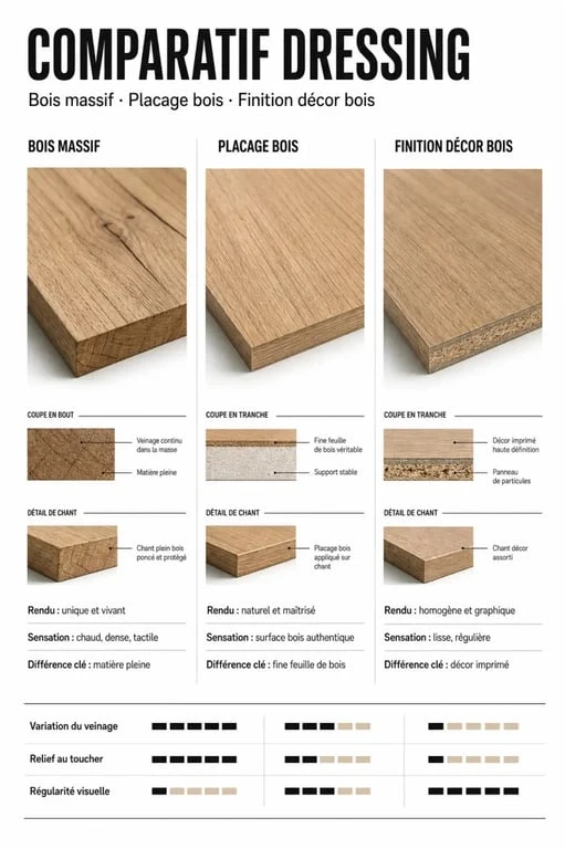 Comparatif dressing bois massif, placage et finition décor bois