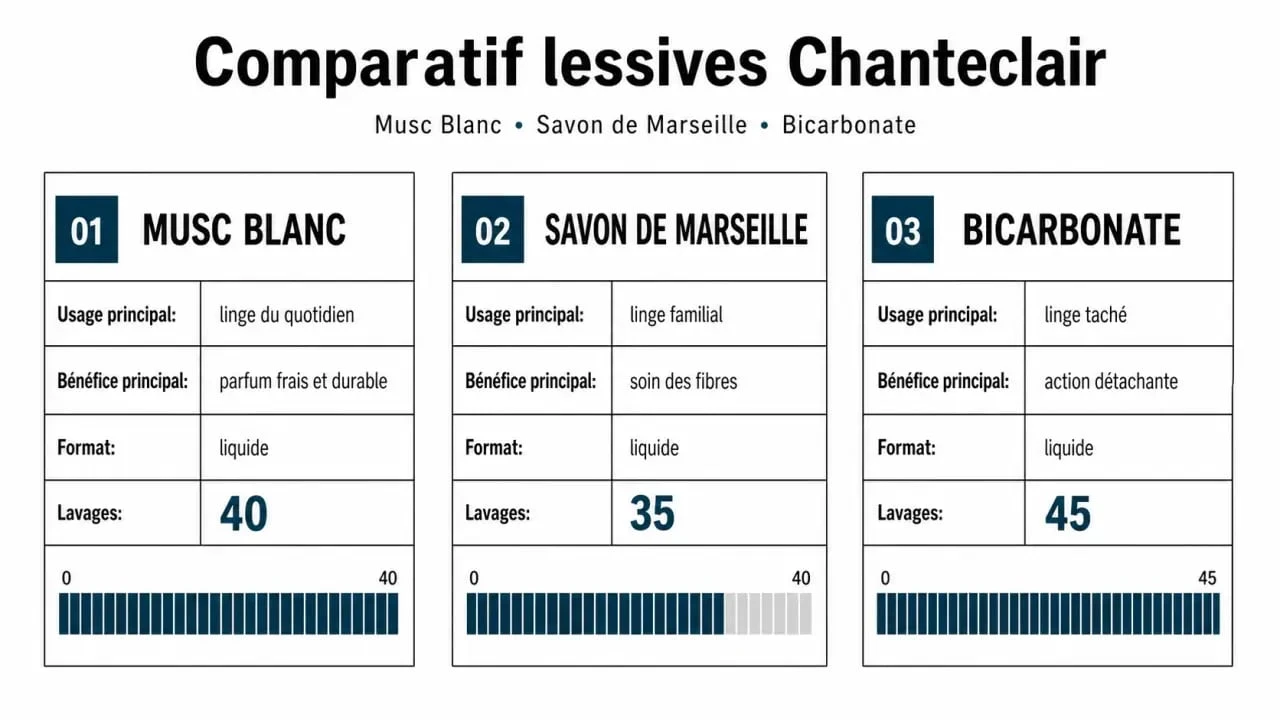 Lessive chanteclair : comparaison visuelle des variantes Musc Blanc, Savon de Marseille et Bicarbonate