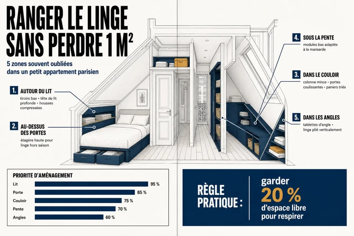 Rangement de linge optimisé Paris illustrant les zones à exploiter dans un petit appartement