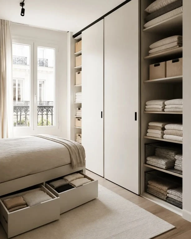 Rangement de linge optimisé Paris dans un studio parisien avec tiroirs sous le lit et placard coulissant