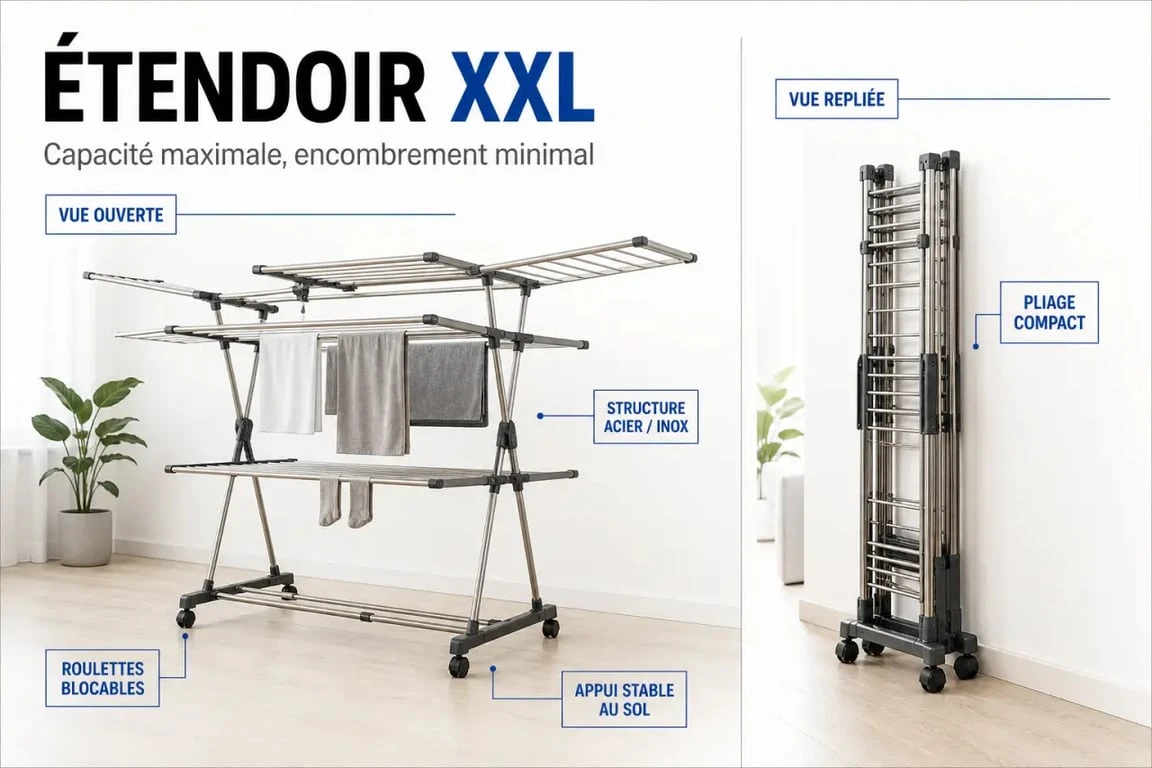 Étendoir à linge xxl solide en vue ouverte et repliée pour comparer capacité, stabilité et gain de place