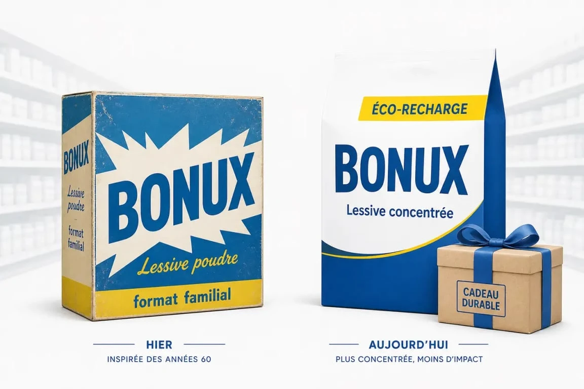 Lessive Bonux : paquet vintage et version moderne avec cadeau écologique