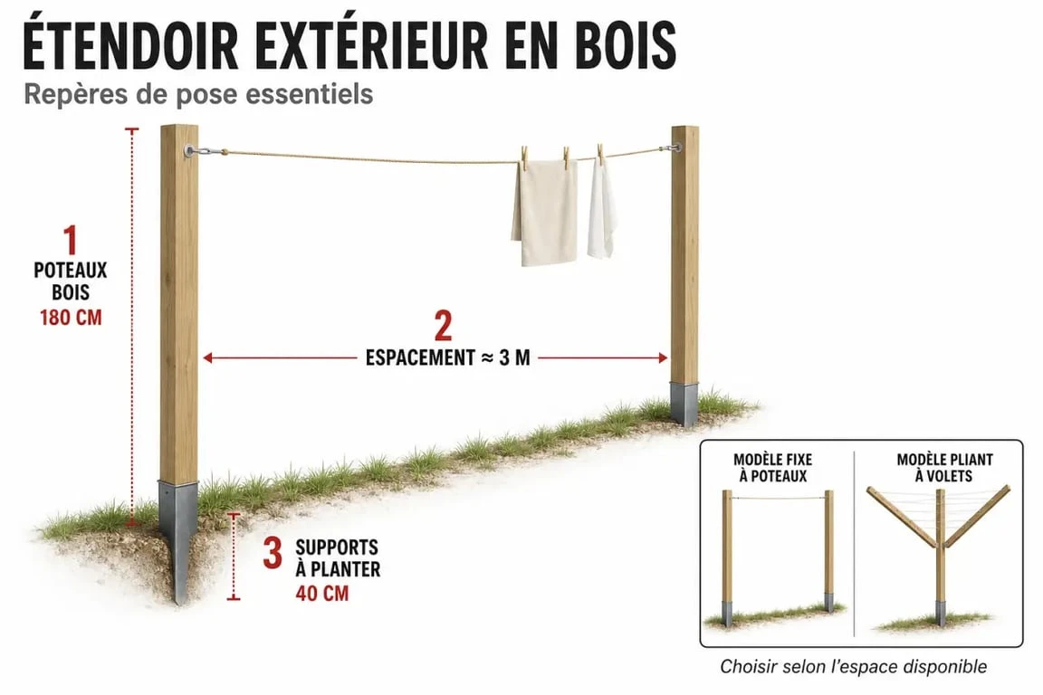 Étendoir à linge extérieur bois installé dans un jardin avec repères de dimensions et de fixation