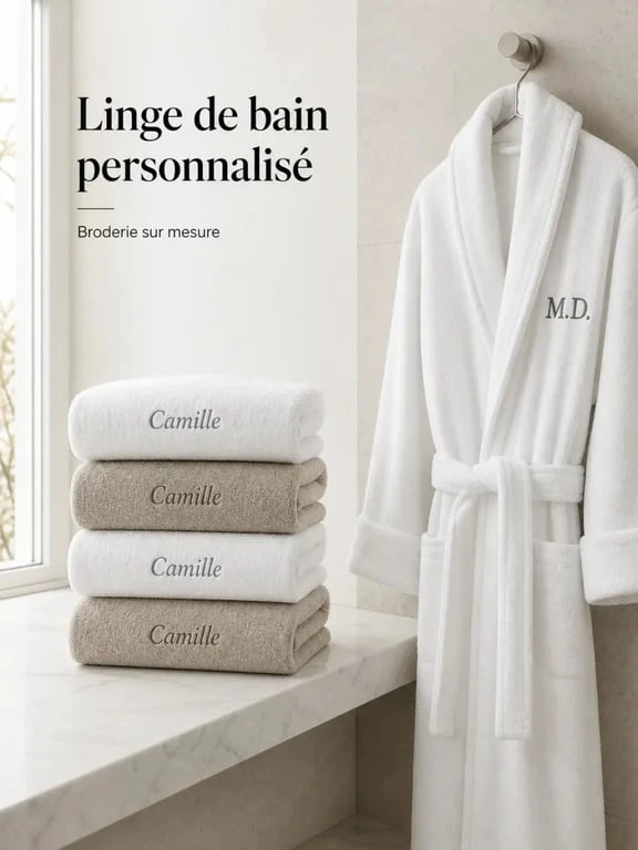 Linge de maison personnalisé avec peignoir brodé et serviettes monogrammées dans une salle de bain élégante