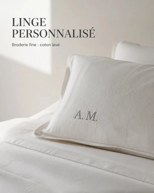 Linge de maison personnalisé sur taie d’oreiller brodée dans une chambre élégante