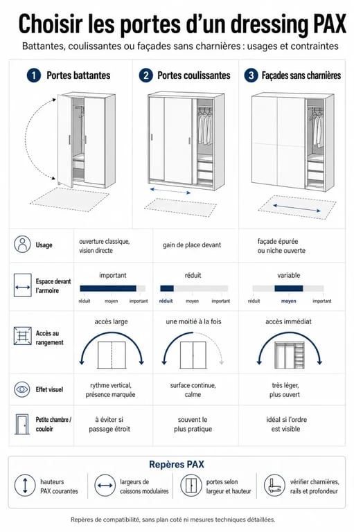 Infographie comparant les portes dressing IKEA PAX : battantes, coulissantes et sans charnières