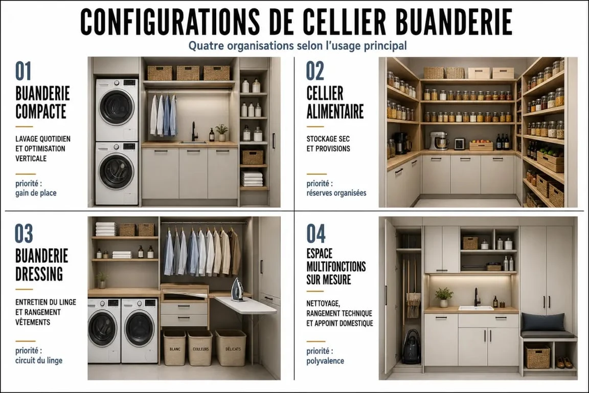 Aménagement cellier buanderie : comparaison visuelle des principales configurations