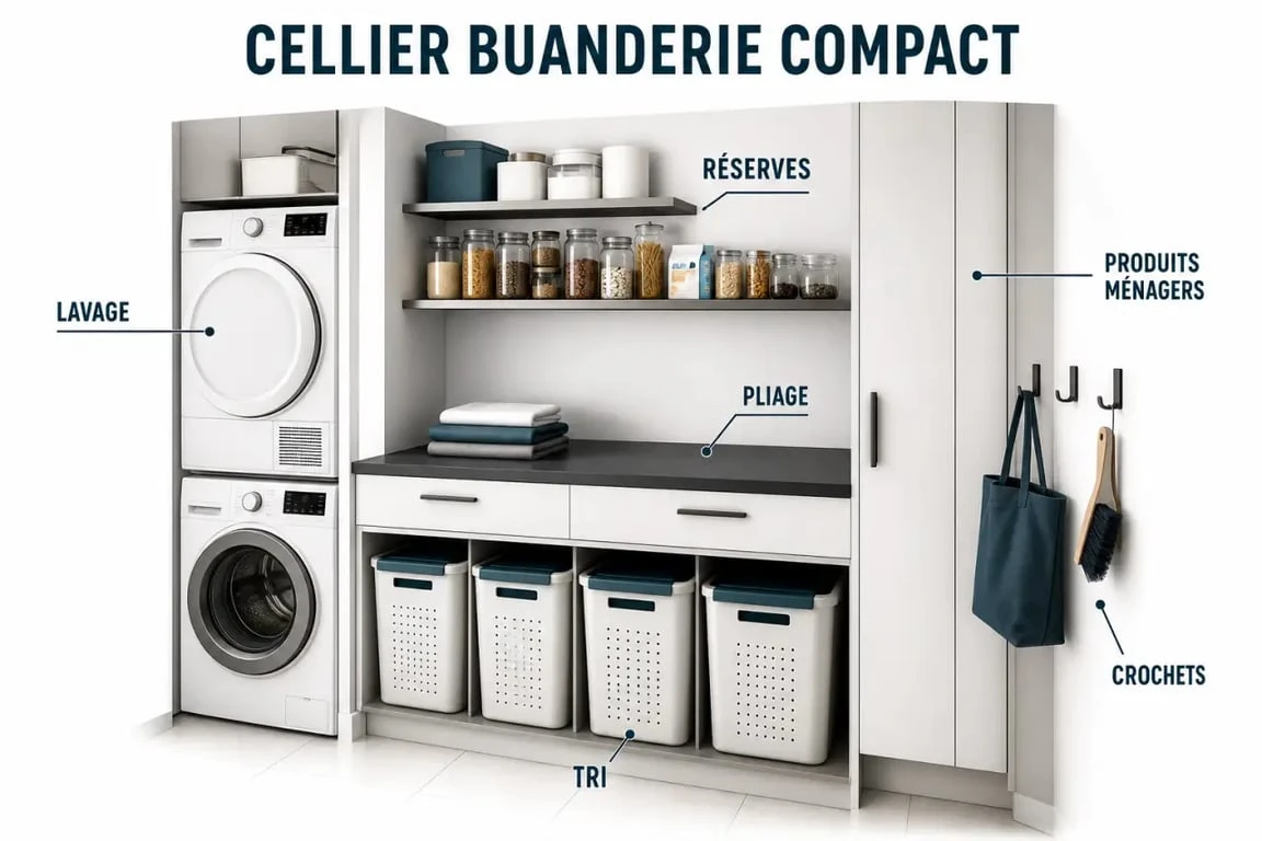 Aménagement cellier buanderie organisé avec zones de linge, stockage alimentaire et produits ménagers