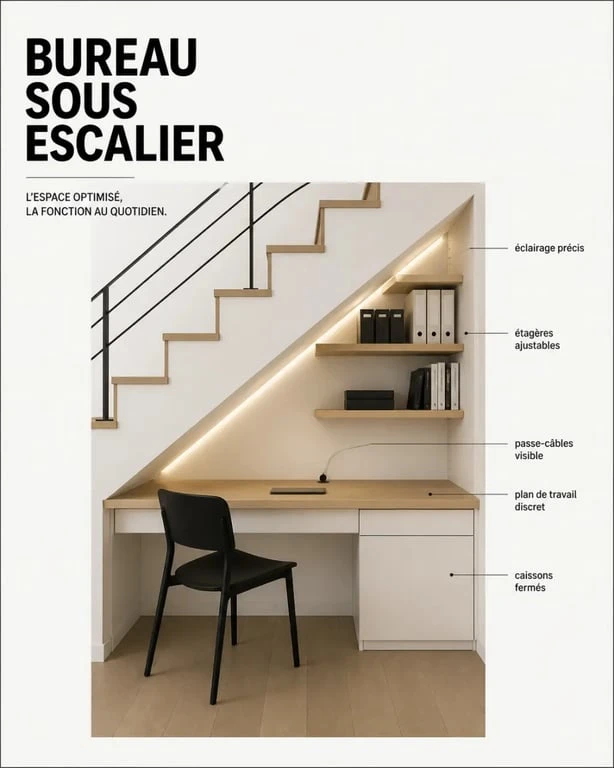 Rangement sous escalier aménagé en coin bureau compact