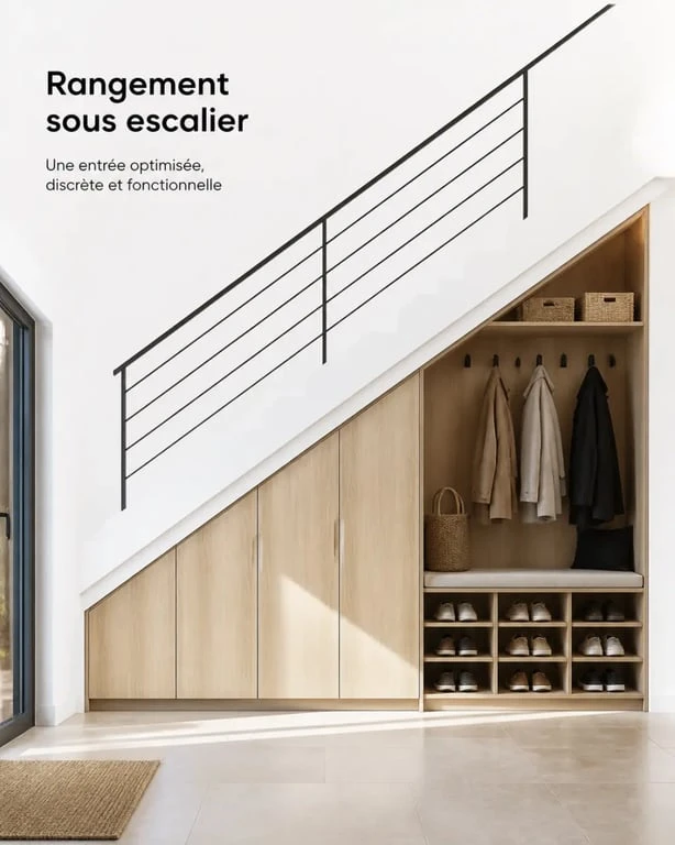 Rangement sous escalier d’entrée avec banc, chaussures et portes fermées