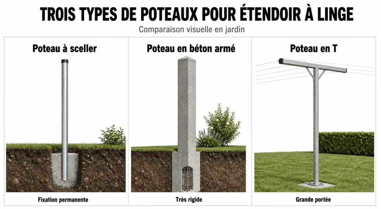 Poteau pour étendoir à linge : comparaison visuelle entre poteau à sceller, en béton armé et en T