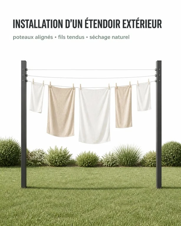Poteau pour étendoir à linge installé dans un jardin avec fils tendus et linge en séchage