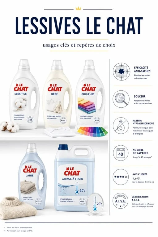 lessive le chat : gamme de lessives et critères de choix en un visuel éditorial