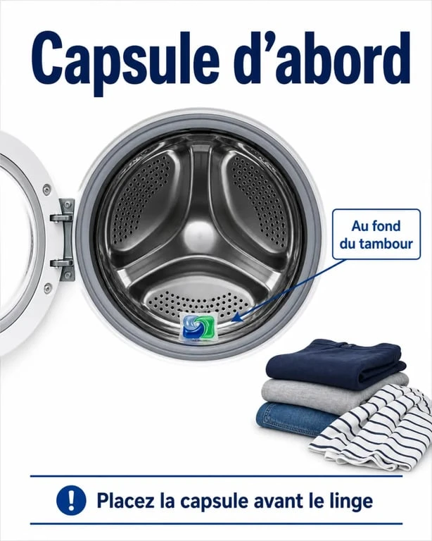 Où mettre la lessive : capsule placée au fond du tambour avant le linge