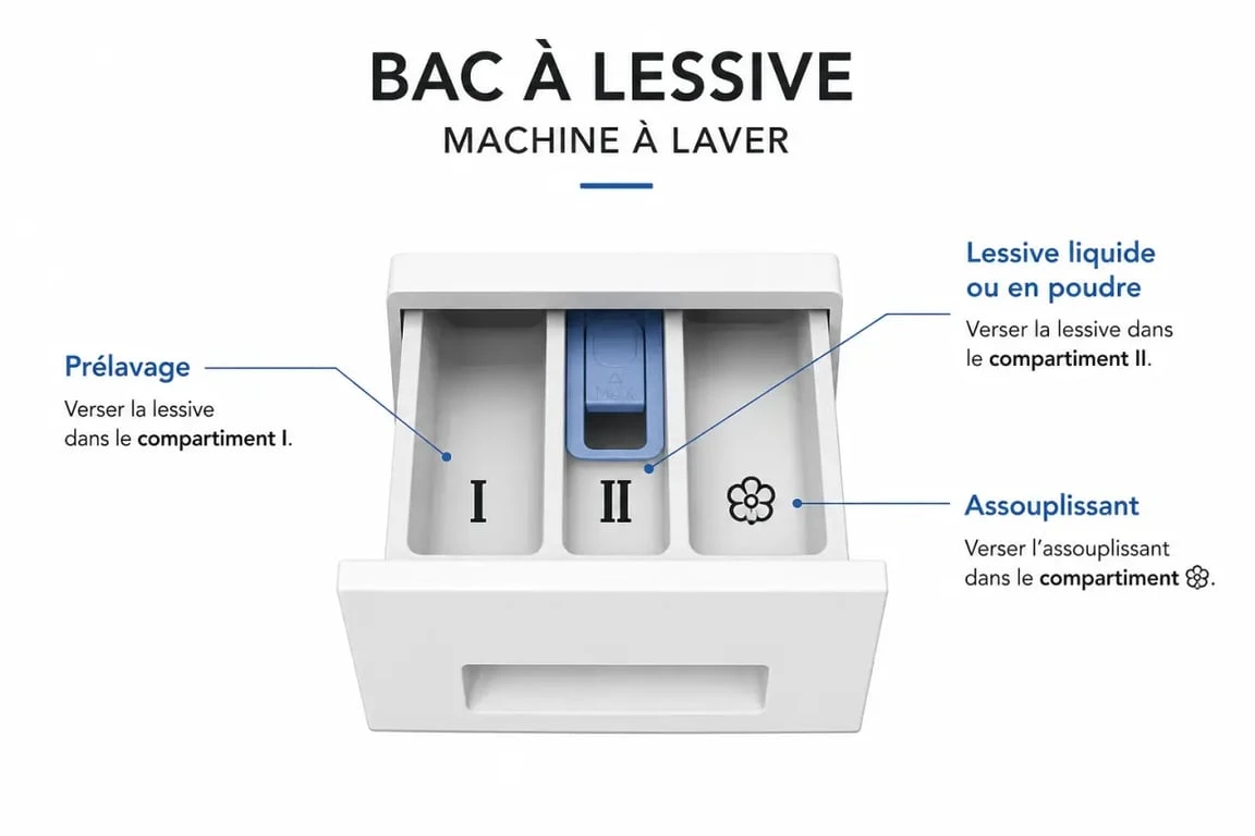 Où mettre la lessive : schéma du bac à lessive avec les compartiments I, II et fleur