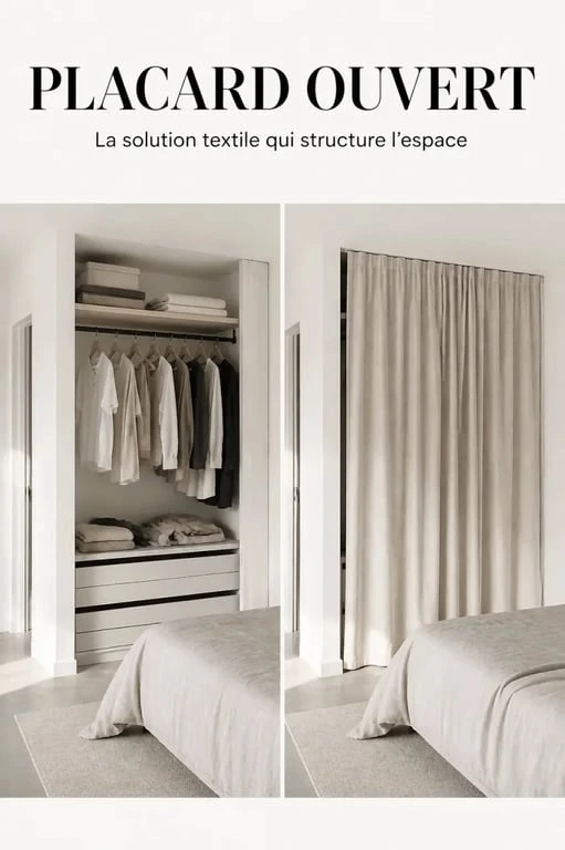 Idée pour fermer un placard sans porte avec un rideau épais dans une chambre minimaliste