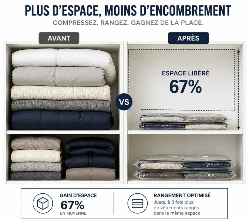 Gain de place avec une housse de rangement sous vide : comparaison avant et après compression de couettes et vêtements.