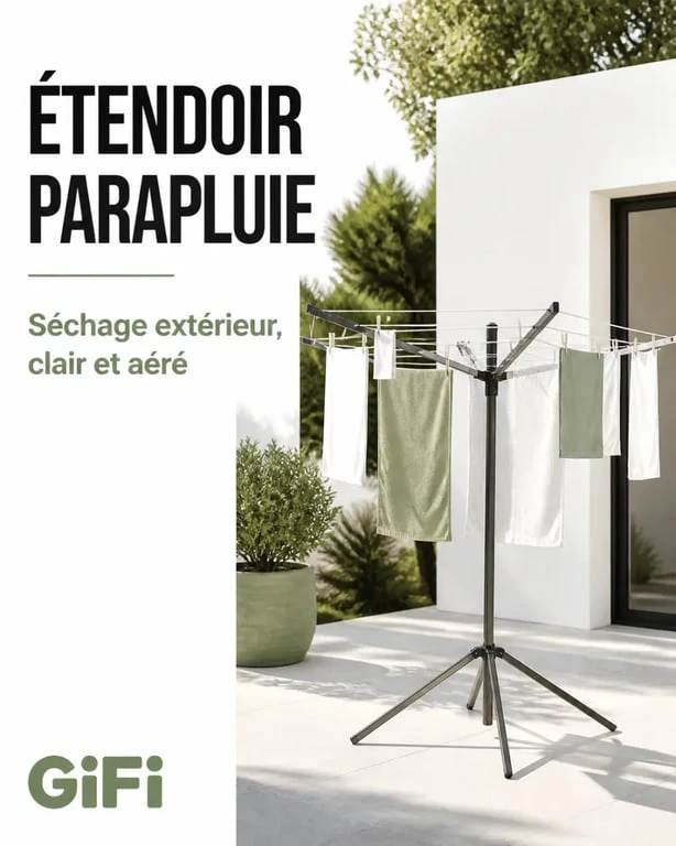 Gifi etendoir a linge parapluie utilisé en extérieur sur balcon ou jardin