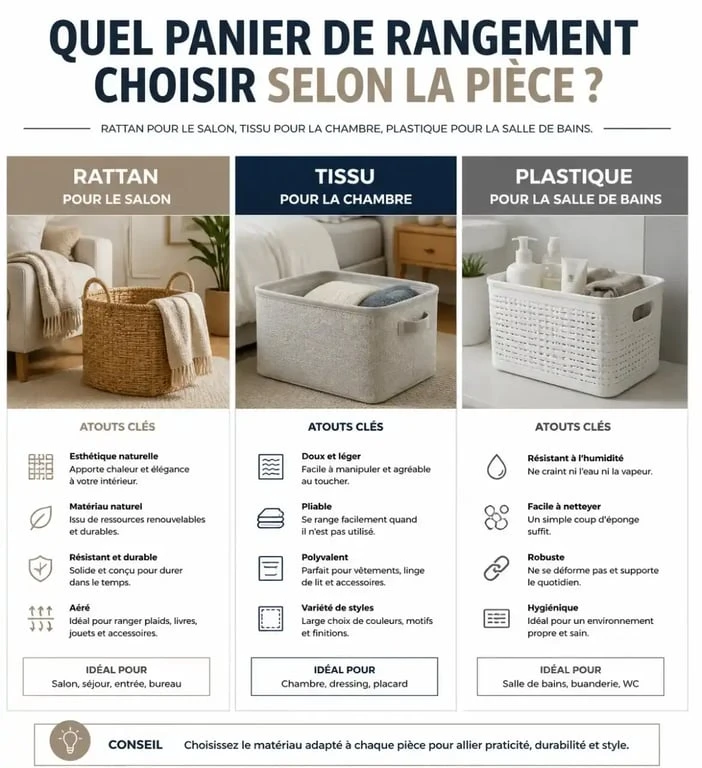 Comparatif des matières de paniers de rangement pour chaque pièce de la maison