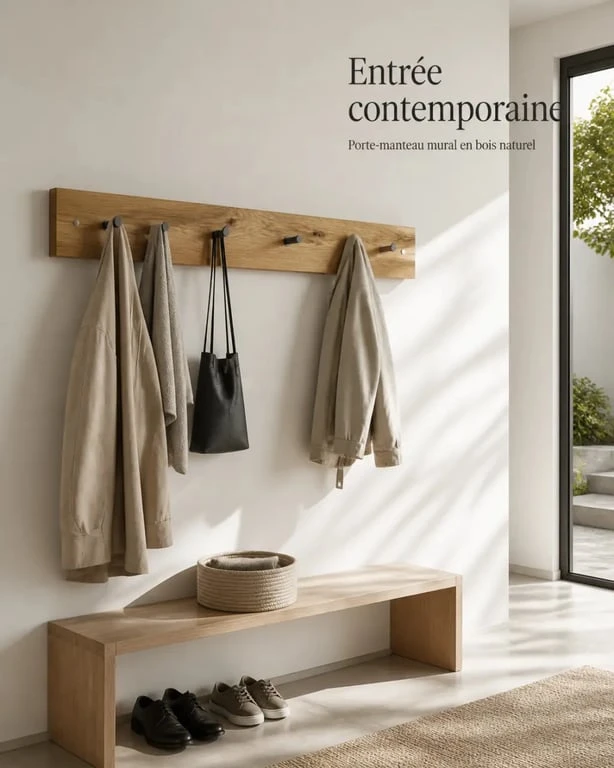 Porte manteau bois mural dans une entrée contemporaine avec manteaux et sacs