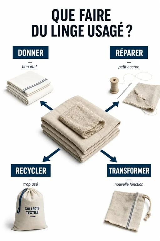Recyclage linge de maison : tri visuel entre donner, réparer, recycler et transformer