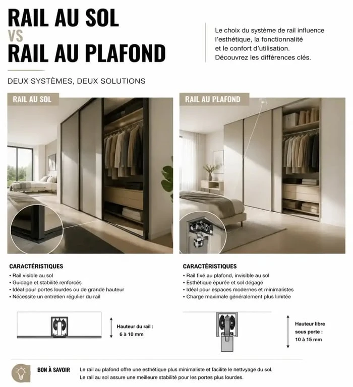 Installation d'un placard coulissant avec rails au sol ou au plafond