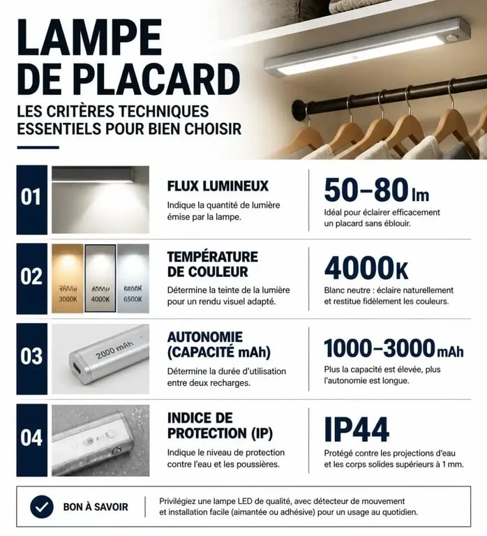 Infographie des critères techniques pour choisir une lampe pour placard : lumens, température et autonomie
