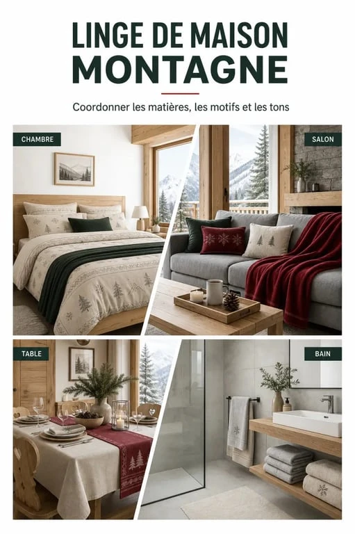 Linge de maison montagne coordonné dans un intérieur de chalet chaleureux