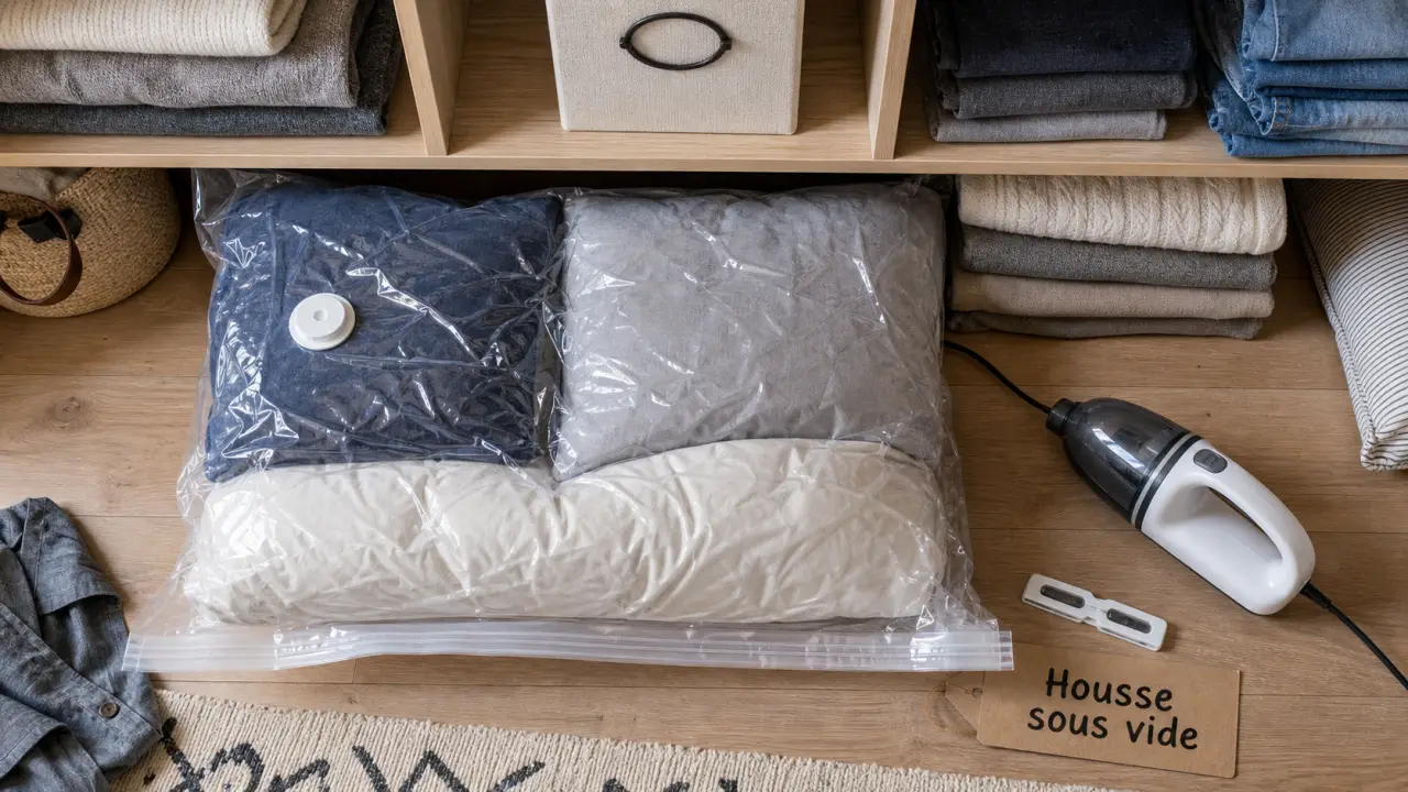 Housse de rangement sous vide avec couette et oreillers, placards organisés
