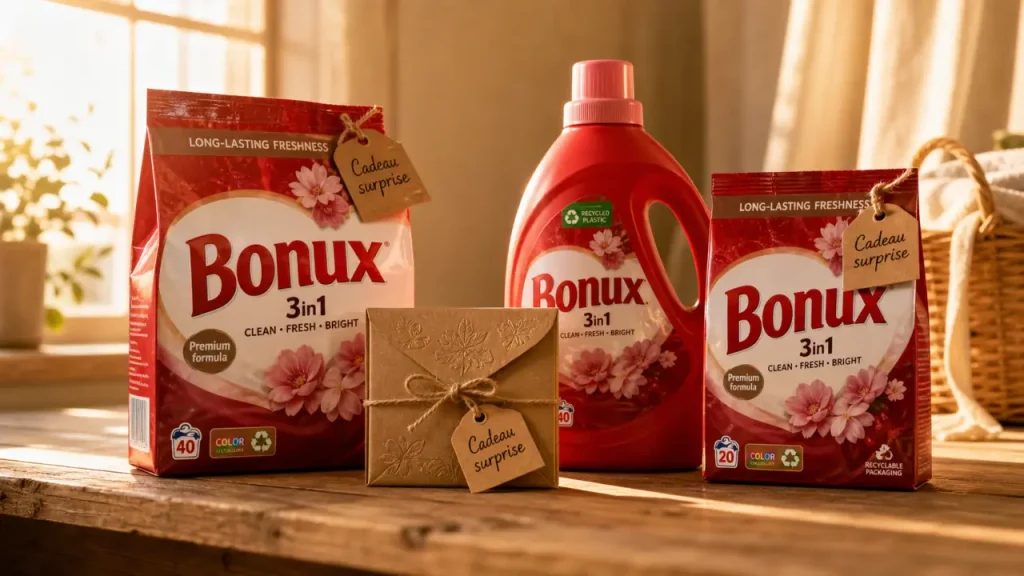 Lessive Bonux : la poudre, le liquide, les capsules et le cadeau surprise