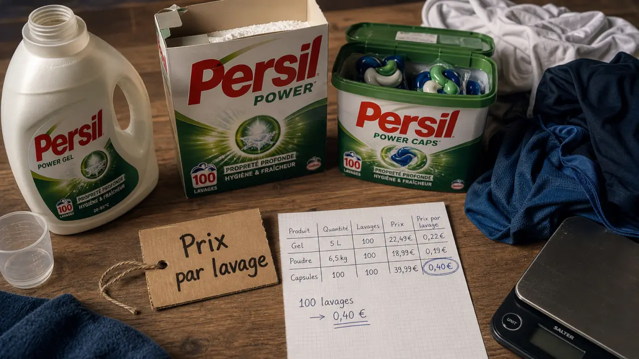 Lessive persil liquide, poudre et capsules 4-en-1, prix par lavage comparé
