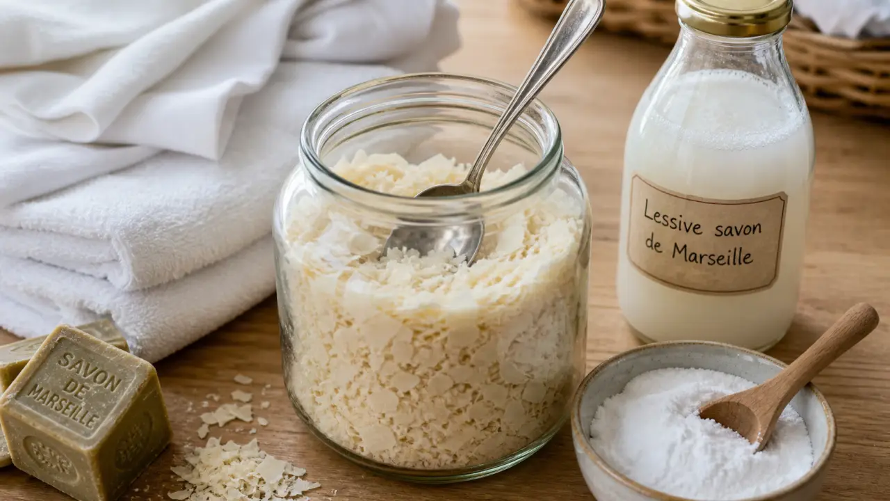 Lessive savon de marseille maison : recette 1 L et 30 g, savon en copeaux