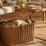 Paniers de rangement avec couvercle en rotin dans un salon lumineux