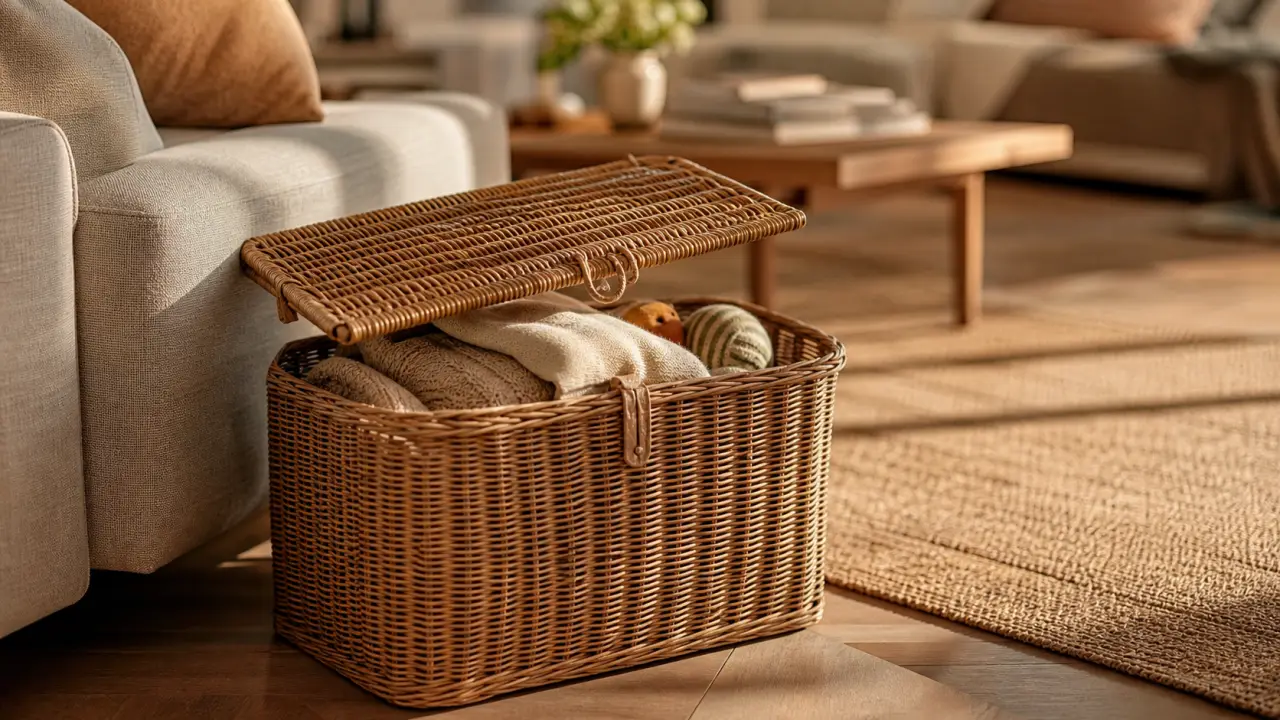 Paniers de rangement avec couvercle en rotin dans un salon lumineux
