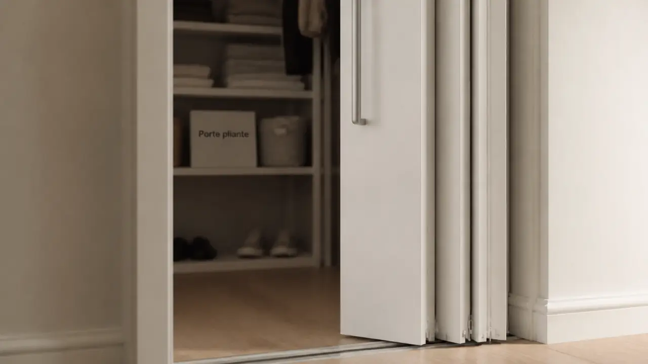 Porte de placard pliante blanche repliée, rail haut et guide bas pour rangement