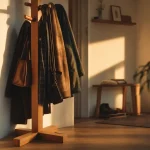 Porte manteau en bois sur pied dans une entrée étroite