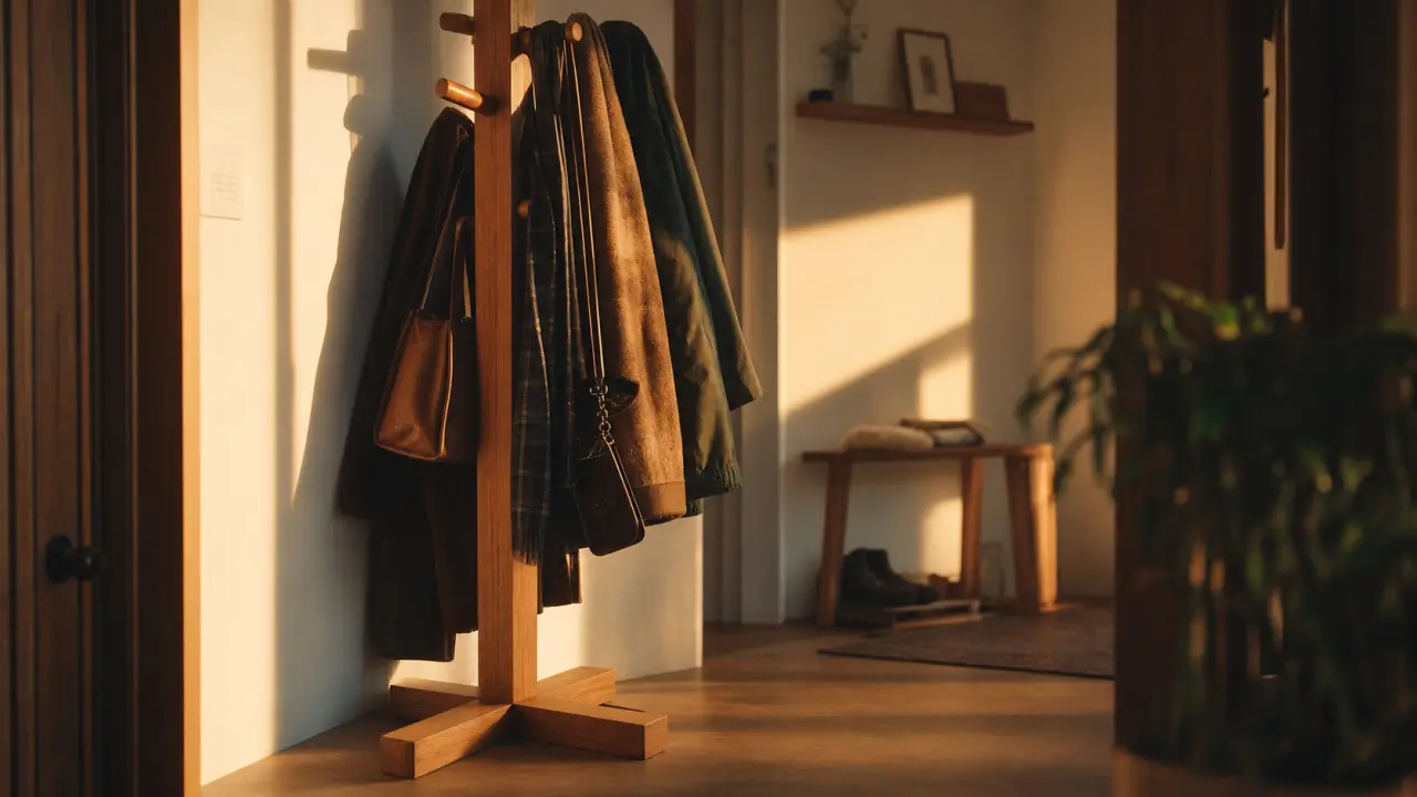 Porte manteau en bois sur pied dans une entrée étroite