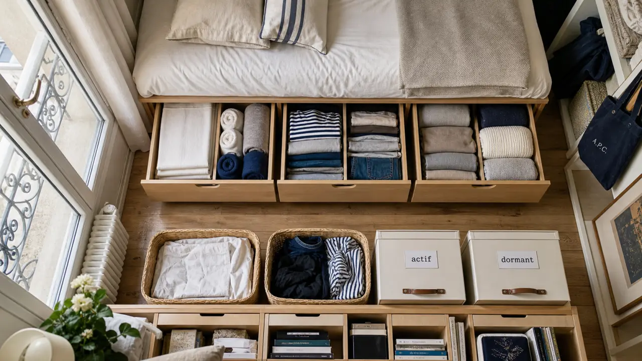 Rangement de linge optimisé paris : linge en tiroirs compartimentés, niches et meubles sur mesure