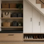 Rangement sous escalier avec caissons et tiroirs, chaussures et paniers