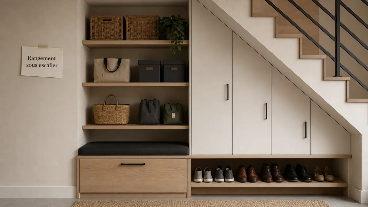 Rangement sous escalier avec caissons et tiroirs, chaussures et paniers