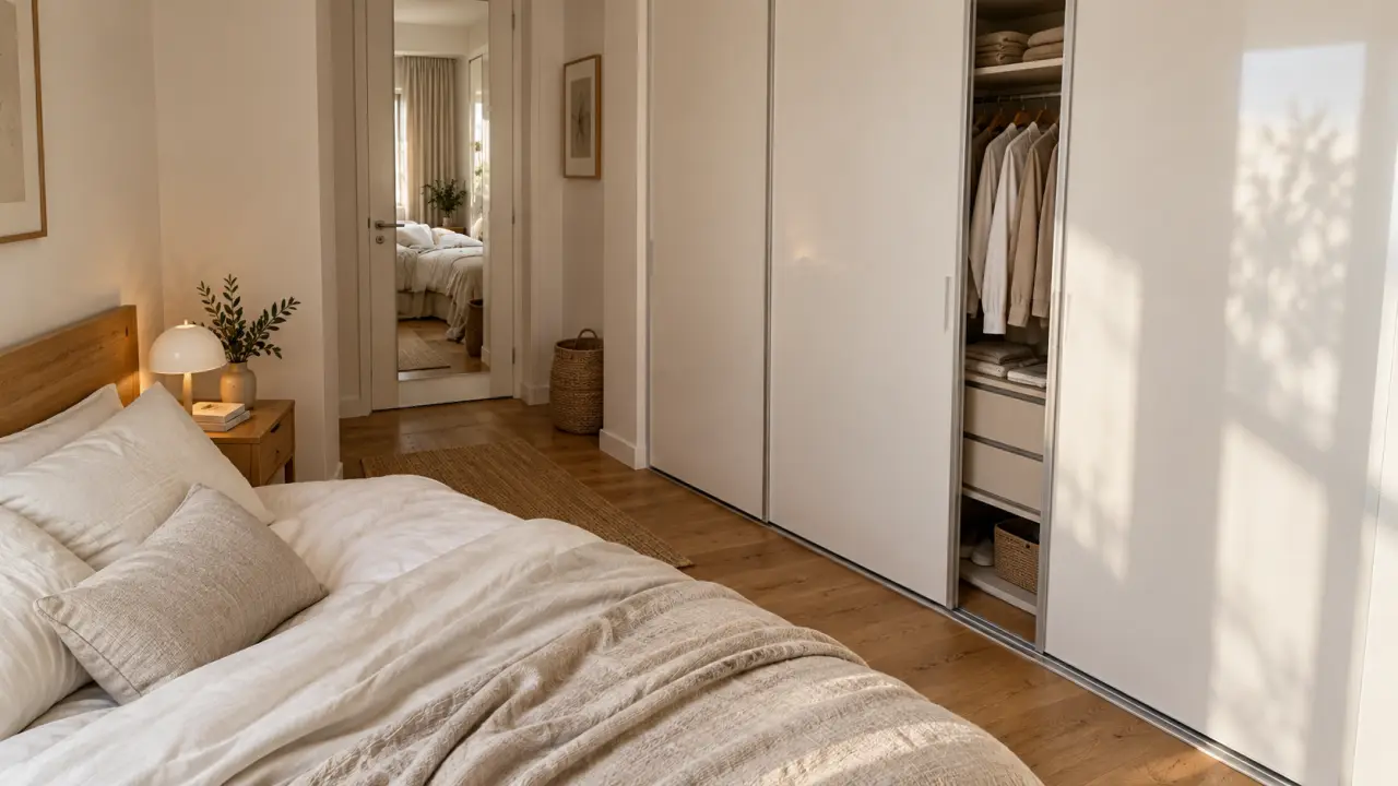 Dressing porte coulissante blanc laqué, intérieur rangé et gain de place